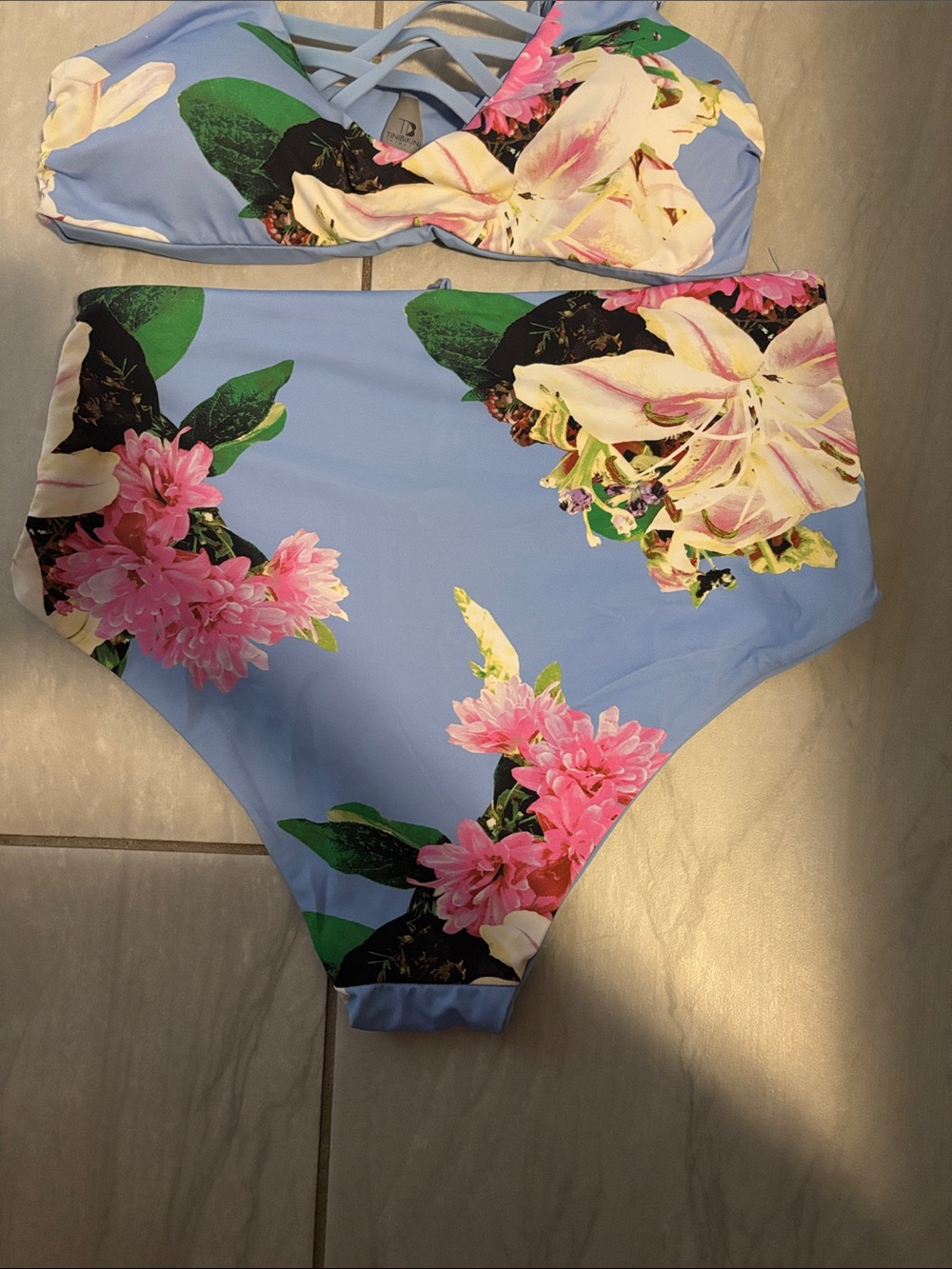 Women’s TiniBikini Light Blue Floral Strappy Two-Piece High Rise Bottoms - Picture 6 of 10